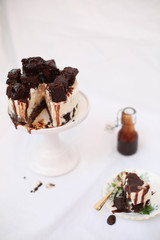 Vanilla Ice Cream Cake with Brownies and Chocolate Fudge Sauce