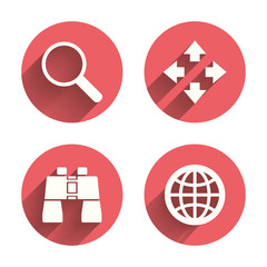 Magnifier glass and globe signs. Fullscreen.