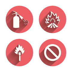 Fire flame icons. Prohibition stop symbol.