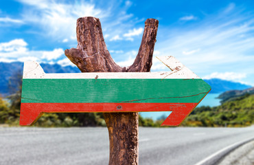Bulgaria Flag wooden sign with road background