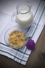 jug of milk, cereal and orange juice