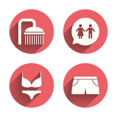Swimming pool icons. Shower and swimwear signs.