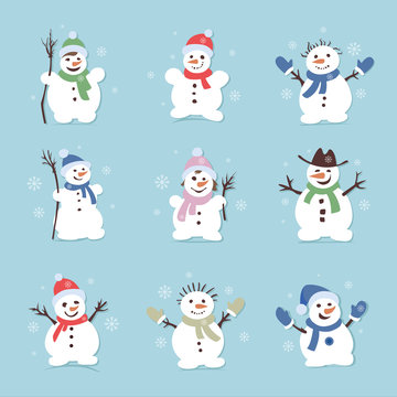 Cute and funny snowmen. Christmas illustrations. Vector set icon