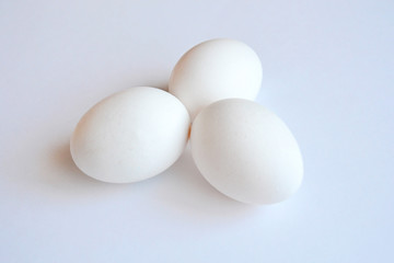 Three white hen eggs on a white background