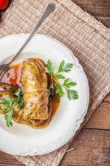 Dish of cabbage stuffed with meat.