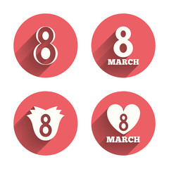 8 March Women's Day icons. Flower, heart symbols