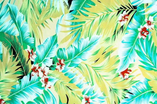 Fototapeta tekstura tkanina Vintage Hawajskie kwiaty i liście na deseń