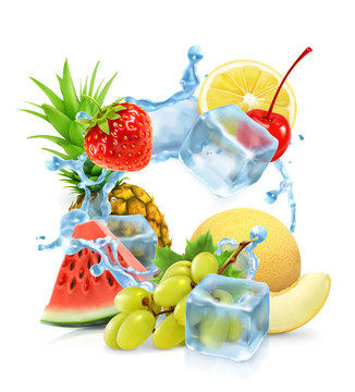 Multifruit with ice cubes and water splash, vector