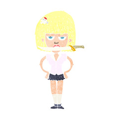 cartoon woman with knife between teeth