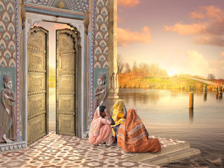 Indian women near golden door.