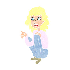 cartoon happy woman sitting and pointing