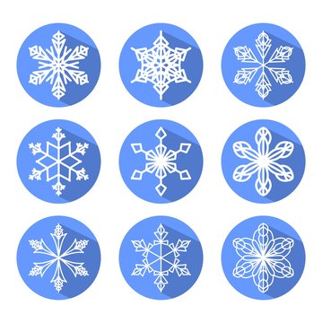 Set of white snowflakes in blue circle with long shadow. Modern design element for christmas decoration