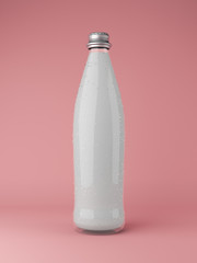 3 D render of a glass bottle of milk on a pink background with metallic cap on it. There are nice reflection on a bottle and it feels like a professional studio shot although it is a 3 D render.