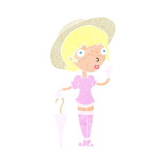 cartoon woman in summer hat waving