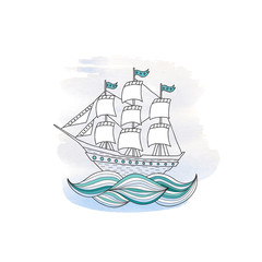 Ship with sails on watercolor background