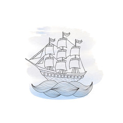 Ship with sails on watercolor background