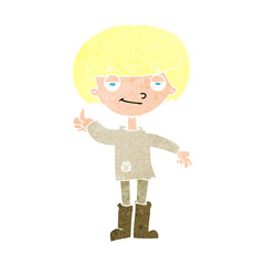 cartoon boy in poor clothing giving thumbs up symbol
