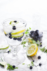 Detox water cocktail,blueberry ,lime, lemon and ice.selective focus
