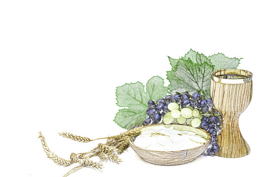 Eucharist bread and wine with grapes and wheat color sketch