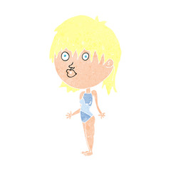 cartoon woman in swimsuit shrugging shoulders