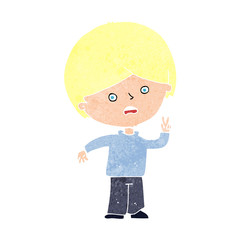 cartoon unhappy boy giving peace sign