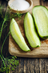 Fresh cucumber, dill and salt. Prepared for pickling