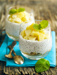 Chia seed pudding with caramelized apple and crushed grain cookies