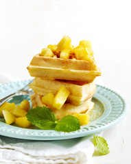 Belgian waffles with caramelized apple and honey
