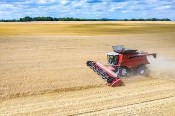 Combines and tractors working on the wheat field