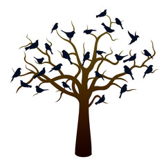 Tree and Black Birds. Vector Illustration.