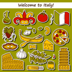 Set of cartoon stickers in hand drawn style on Italy theme