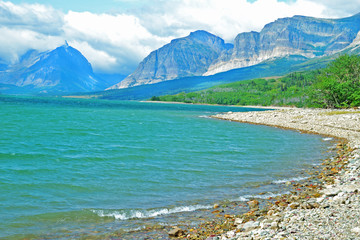 Naklejka na ściany i meble Beautiful lake in Glacier National Park.