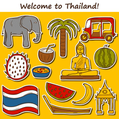 Set of cartoon stickers in hand drawn style on Thailand theme