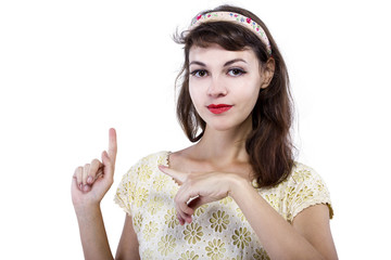 Young female in vintage style fashion advertising with her hands