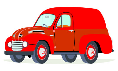 Caricatura furgoneta panel Ford F1 1950 roja vista frontal y lateral