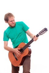 Berderd man playing guitar on white background 