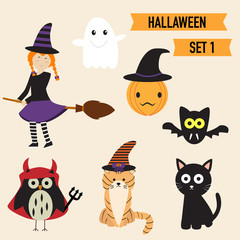 Happy Halloween background with cute little witch  vector. illus