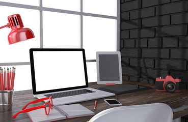 3D illustration laptopand work stuff on table near brick wall