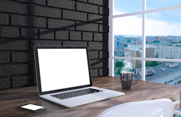 Fototapeta premium 3D illustration laptopand work stuff on table near brick wall