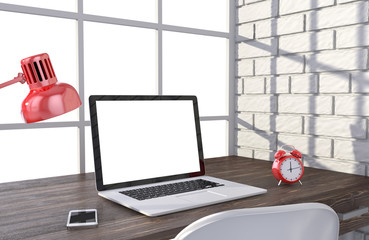 3D illustration laptopand work stuff on table near brick wall