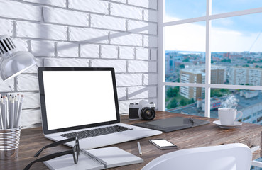 3D illustration laptopand work stuff on table near brick wall