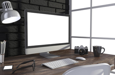 Fototapeta premium 3D illustration PC screen on table in office, Workspace
