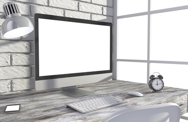 Fototapeta premium 3D illustration PC screen on table in office, Workspace