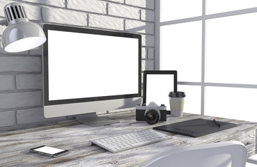 Fototapeta premium 3D illustration PC screen on table in office, Workspace