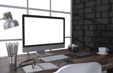 3D illustration PC screen on table in office, Workspace