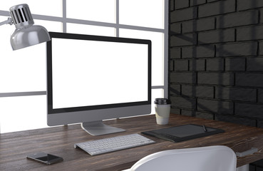 3D illustration PC screen on table in office, Workspace