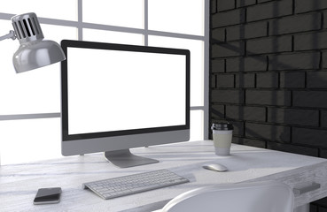 Fototapeta premium 3D illustration PC screen on table in office, Workspace