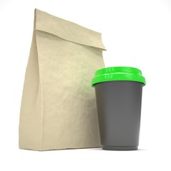 Coffee to go and lunch bag, on white.