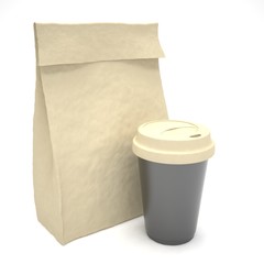 Coffee to go and lunch bag, on white.
