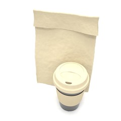 Coffee to go and lunch bag, on white.